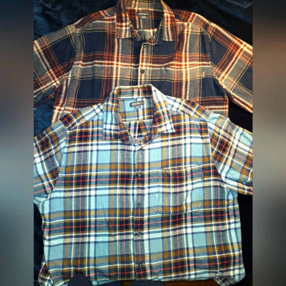 Two Eddie Bauer Men's flannel shirt. plaid long sleeve button outdoor. Size XXL